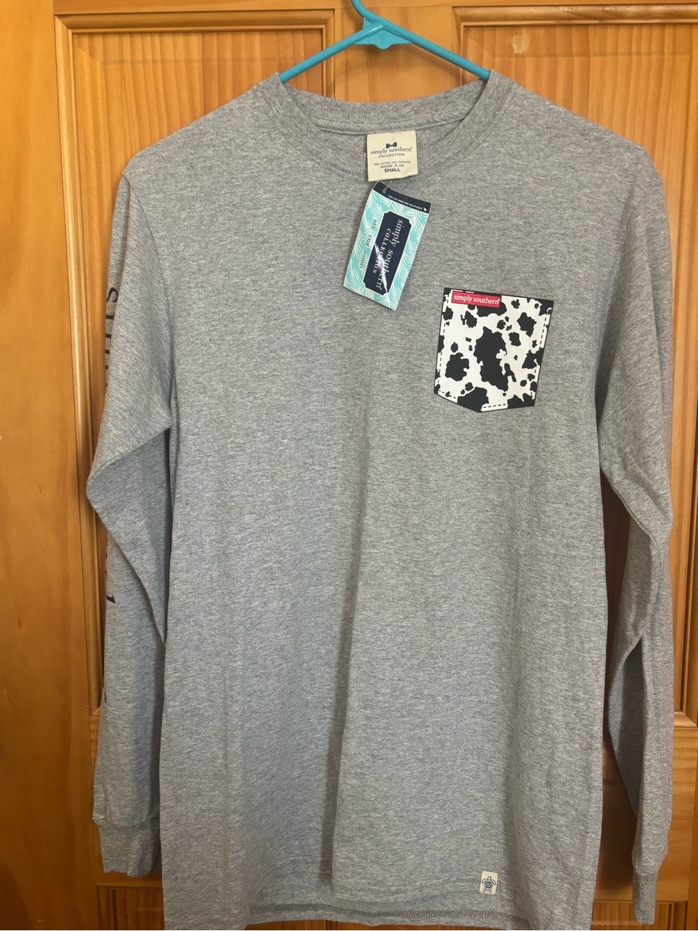 Simply Southern Gray Long Sleeve Tee with Black & White Cow Pocket